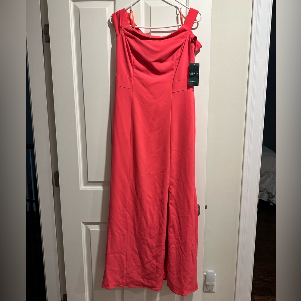 Ralph Lauren Coral Pink Off Shoulder Formal Gown Wedding Guest Dress Size 6 NWT